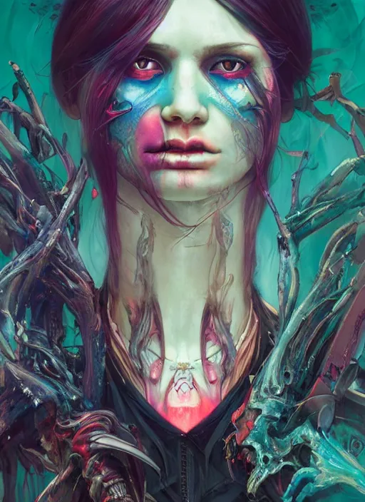 Image similar to portrait of a female half-demon half-angel, full character, 8k ,by tristan eaton,Stanley Artgermm,Tom Bagshaw,Greg Rutkowski,Carne Griffiths, Ayami Kojima, Beksinski, Giger,trending on DeviantArt,face enhance,hyper detailed,minimalist,cybernetic, android, blade runner,full of colour