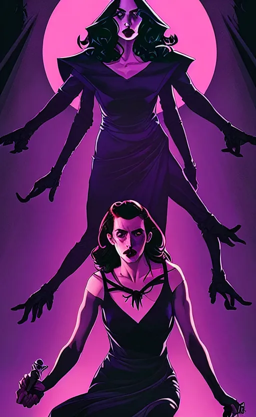 Image similar to rafael albuquerque comic cover art, artgerm, joshua middleton, pretty stella maeve witch doing black magic, serious look, purple dress, symmetrical eyes, symmetrical face, long black hair, full body, werewolf behind eva, twisted evil dark forest in the background, cool colors