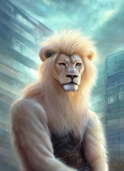 Prompt: aesthetic portrait commission of a of a male fully furry muscular anthro albino lion with a tail and a beautiful attractive hyperdetailed face wearing stylish and creative wearing Norwegian outfit in a sci-fi utopian city at golden hour while it sunshowers in the background. Character design by charlie bowater, ross tran, artgerm, and makoto shinkai, detailed, inked, western comic book art, 2021 award winning film poster painting