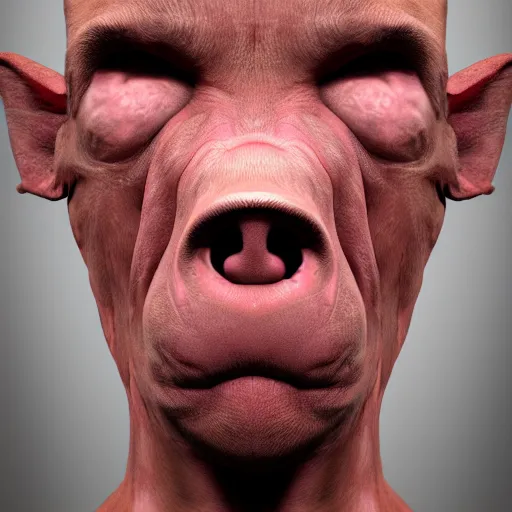 Prompt: human - pig hybrid, close up face, 8 k, hyperrealistic, trending on artstation