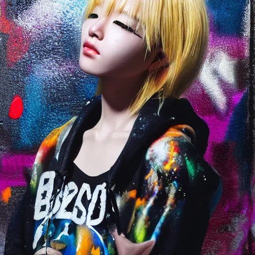Image similar to photo realistic, high level of detail, high resolution, 3 5 mm lens : ( subject = blond korean top model + ( object = hoodie + object detail = high definition highly detailed baroque cyberpunk shamaness, varnished oil paint in bright colors on black background with small background color splatters, by katsuhiro otomo ) )