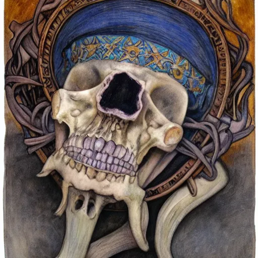 Image similar to the masked prince wearing the bone crown, by Annie Swynnerton and Diego Rivera and Elihu Vedder, symbolist, dramatic lighting, elaborate geometric ornament, tattoos, Art Brut, soft cool colors,smooth, sharp focus, extremely detailed, Adolf Wölfli and Donato Giancola