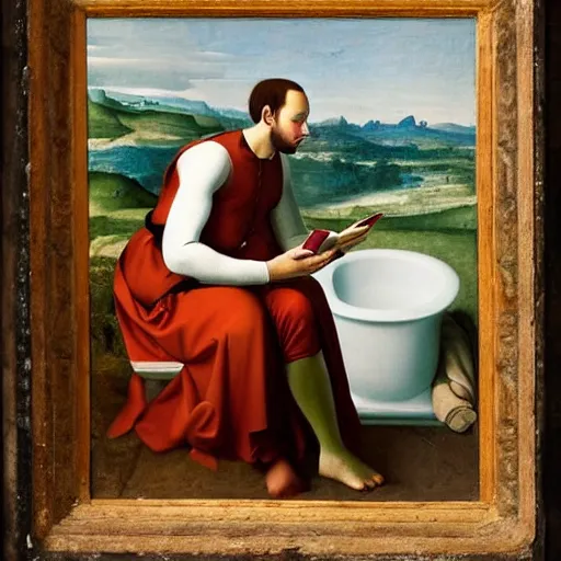 Image similar to a fully dressed thoughtful young man sitting on a prominent white toilet attentively staring at his smartphone, renaissance painting