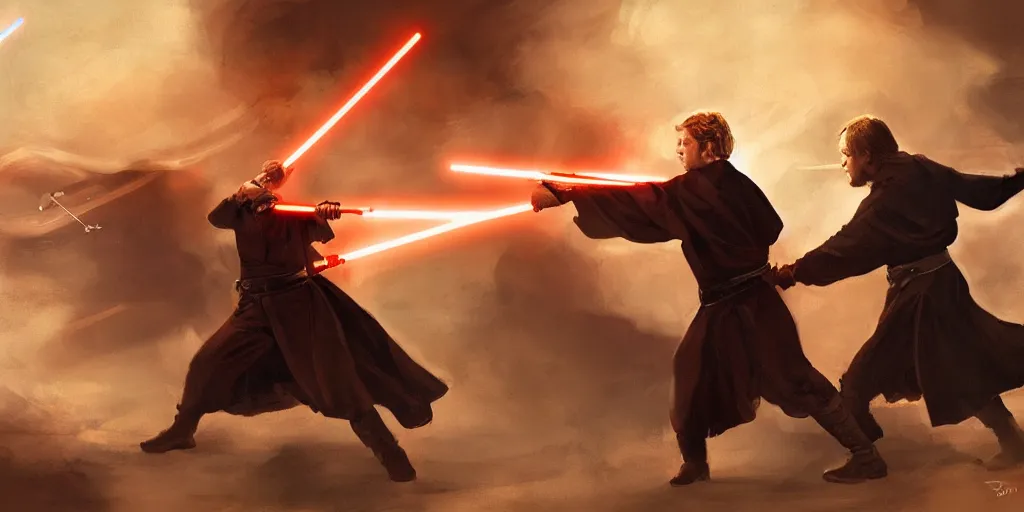 Image similar to painting of anakin skywalker and obi wan kenobi duel, mustafar, deviantart, canvas painting, detailed environment, painting, art, futuristic, dark, sharp focus, smooth, environment, star wars