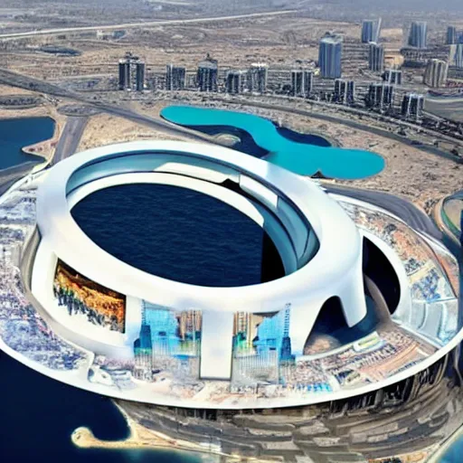 Image similar to giant toilet arch vis of dubai city of the future named toilet land