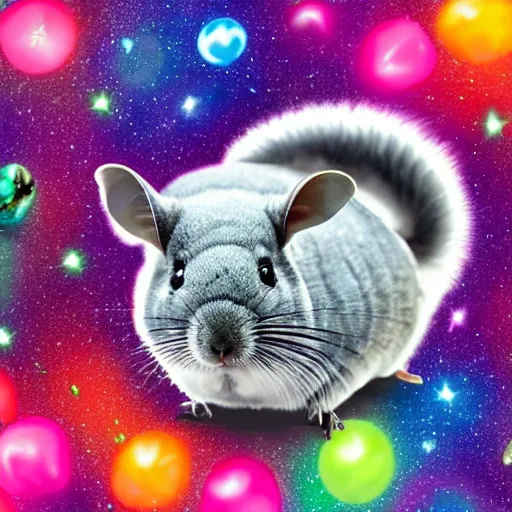 Image similar to chinchilla with mean look in space with galaxy in background, rainbow jellybeans under chinchilla's tail