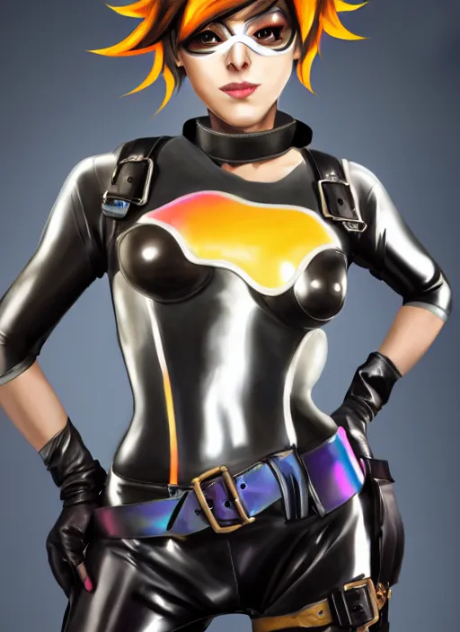 Image similar to oil painting digital artwork of tracer overwatch, confident pose, wearing black iridescent rainbow latex, 4 k, expressive happy smug expression, makeup, in style of mark arian, wearing leather collar, wearing sleek full body armor, black leather harness, expressive detailed face and eyes,