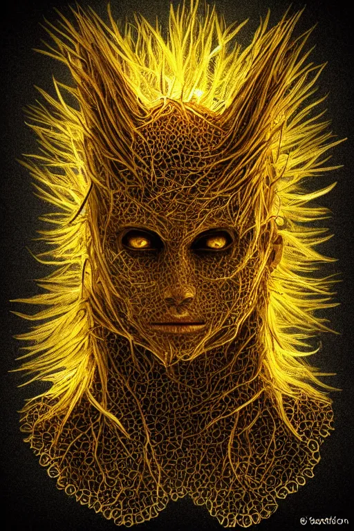 Prompt: corn dandelion humanoid figure monster, symmetrical, highly detailed, digital art, sharp focus, trending on art station, amber eyes