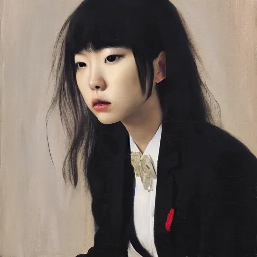 Image similar to portrait of a beautiful korean girl wearing a men's tuxedo, with long hair and bangs, angular features, angry expression, oil on canvas, elegant pose, masterpiece, Jonathan Yeo painting