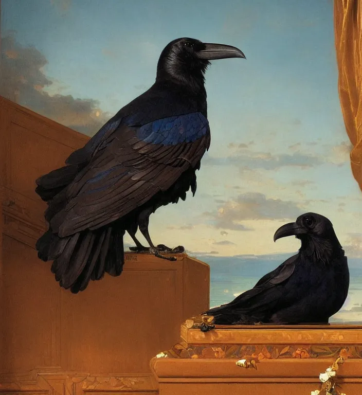 Prompt: a beautifully photoreal clear detailed victorian portrait of a close up raven on a victorian windowsill with an ornate velvet dark teal curtain at beautiful sunset daytime nature sunlit painting by frederic leighton and turner and morris and rosetti, humerous, cheeky, 8 k, octane render