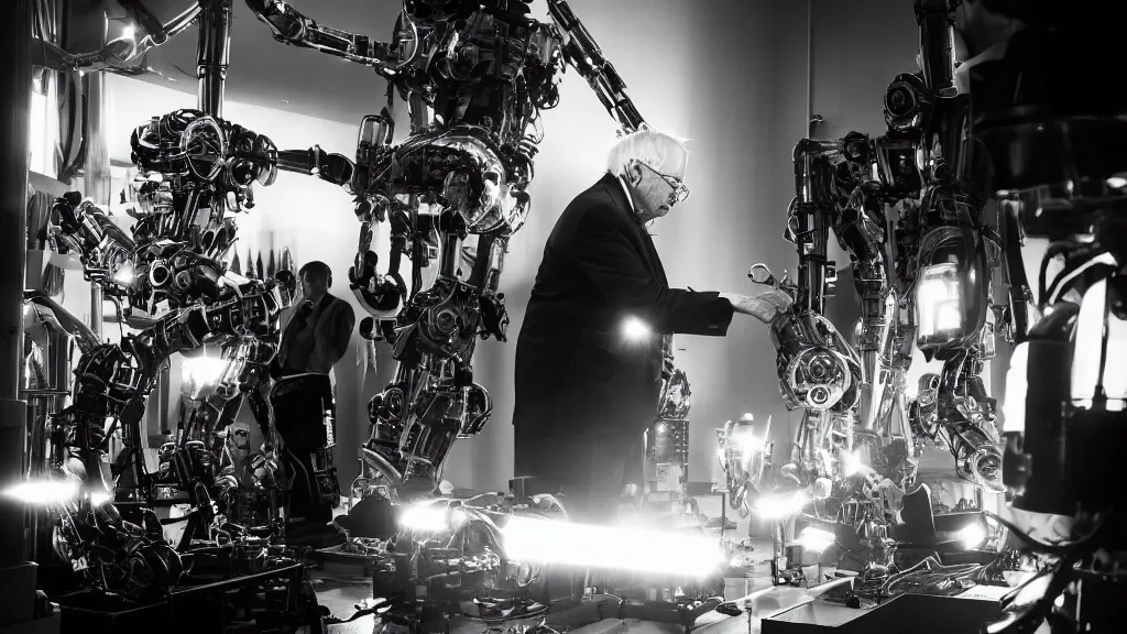 Image similar to bernie sanders putting the finishing touches on a complex magical clockwork doomsday robot, black and white photo, cinematic moody lighting, sharp focus