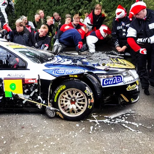 Prompt: Petter Solberg after he crashed into the christmas tree