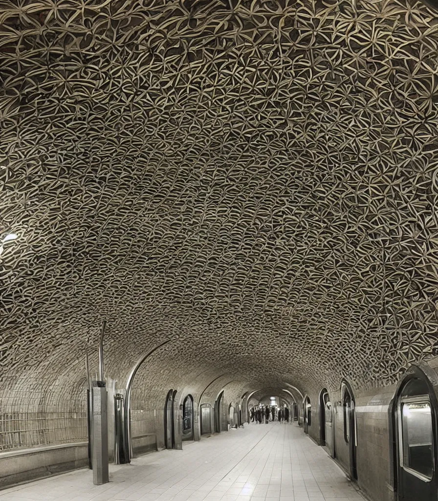 Prompt: a subway station, station space, art nouveau, subway station design. by hector guimard ， trending ，