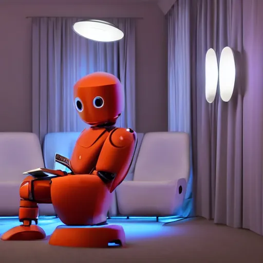 Image similar to futuristic lonely matte brown and red full-body humanoid robot with two huge round expressive sad purple glowing LED eyes and open rectangular mouth sitting on a large comfortable cushioned 1950s vintage recliner reading a newspaper. open newspaper. Cinematic Movie Photograph, Arri Alexa, Extremely Detailed, smooth, very very clean, 8K, octane render, maya render, unreal engine, trending on artstation, DSLR, excellent composition, center frame