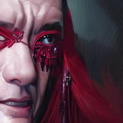 Prompt: portrait of tom hanks as a vampire lord, crimson peek, jewelry, greek, emerald, intricate, headshot, highly detailed, digital painting, artstation, concept art, sharp focus, cinematic lighting, illustration, art by artgerm and greg rutkowski, alphonse mucha, cgsociety