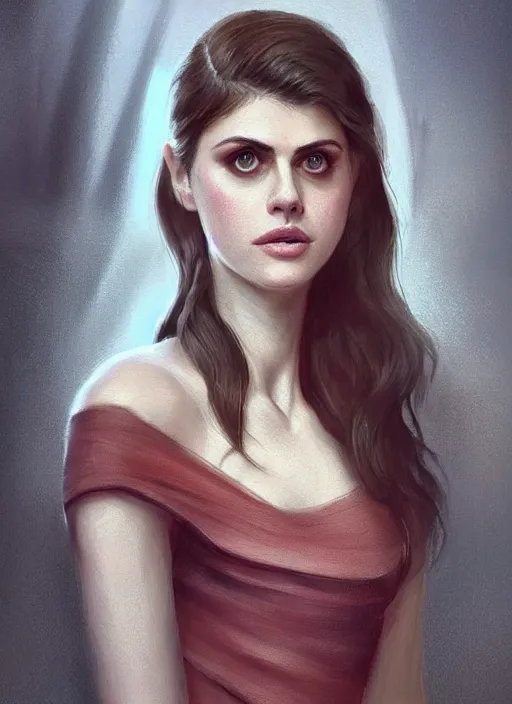 Prompt: a digital painting of Alexandra Daddario wearing a off the shoulder dress, by netter, beautiful, gorgeous, long hair, style from greg rutkowski, beautiful eyes, full frame, oil painting, featured on artstation, concept art, smooth, sharp focus, illustration, very detailed, ambient lighting, unreal engine render, concept art by Atey Ghailan, by Loish, by Bryan Lee O'Malley