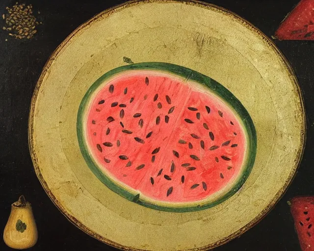 Image similar to a 1 5 th century medieval oil painting of a watermelon with lots of rind and large seeds. high quality scan