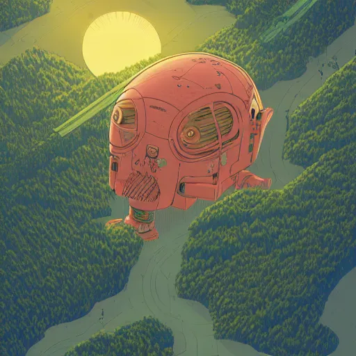 Image similar to aerial isometric view of a giant decaying robot head in middle of lush forest , highly detailed, sunset, by Victo Ngai and James Gilleard , Moebius, Laurie Greasley