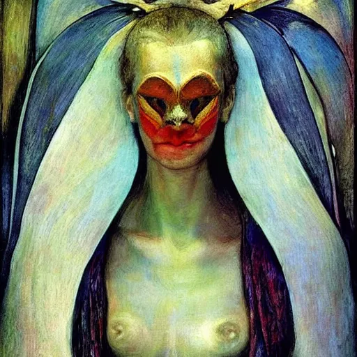 Image similar to the guest in her moth mask, by Annie Swynnerton and Diego Rivera, symbolist, dramatic lighting, elaborate geometric ornament, god rays, rich colors,smooth, sharp focus, extremely detailed