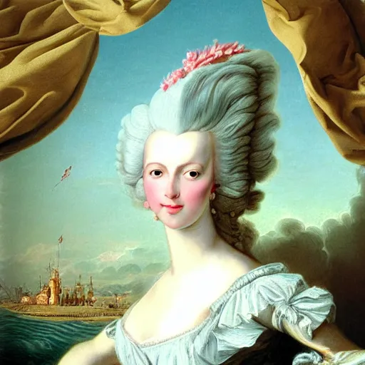 Image similar to portrait, Marie Antoinette flying over the sea. high detail, great lighting, 8k resolution, masterpiece, concept art, illustration