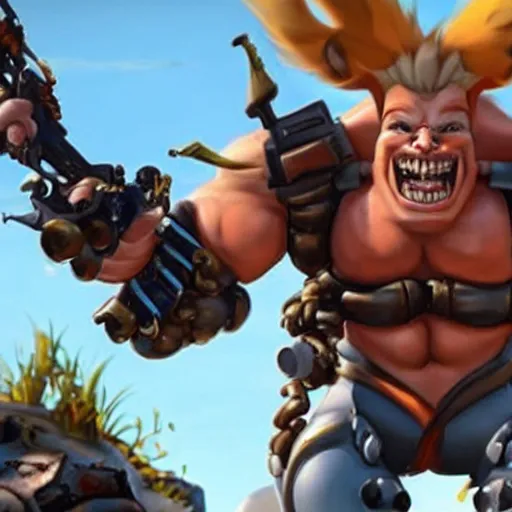 Image similar to a screenshot of junkrat arnold schwarzenegger as junkrat in overwatch