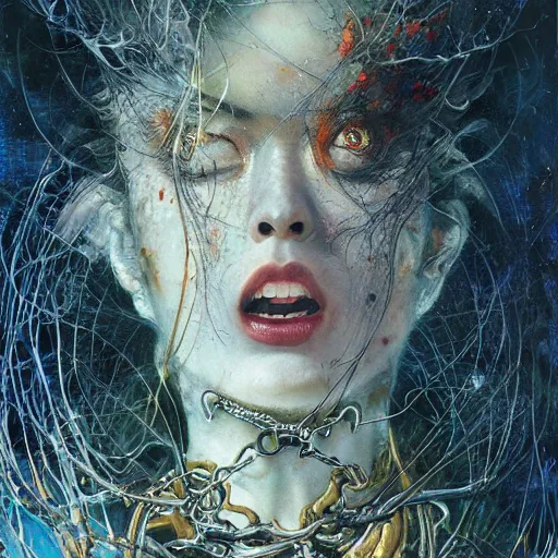 Image similar to uhd photorealistic chained justice, by ayami kojima, yoshitaka amano, esao andrews, karol bak, mark brooks, tonalism, rich deep colors. beksinski painting, art by adrian ghenie and gerhard richter. art by takato yamamoto. masterpiece