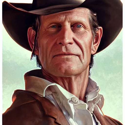 Image similar to portrait painting of woodrow harrelson, with a cowboy hat and bloody golf club, ultra realistic, concept art, intricate details, eerie, highly detailed, photorealistic, octane render, 8 k, unreal engine. art by artgerm and greg rutkowski and alphonse mucha
