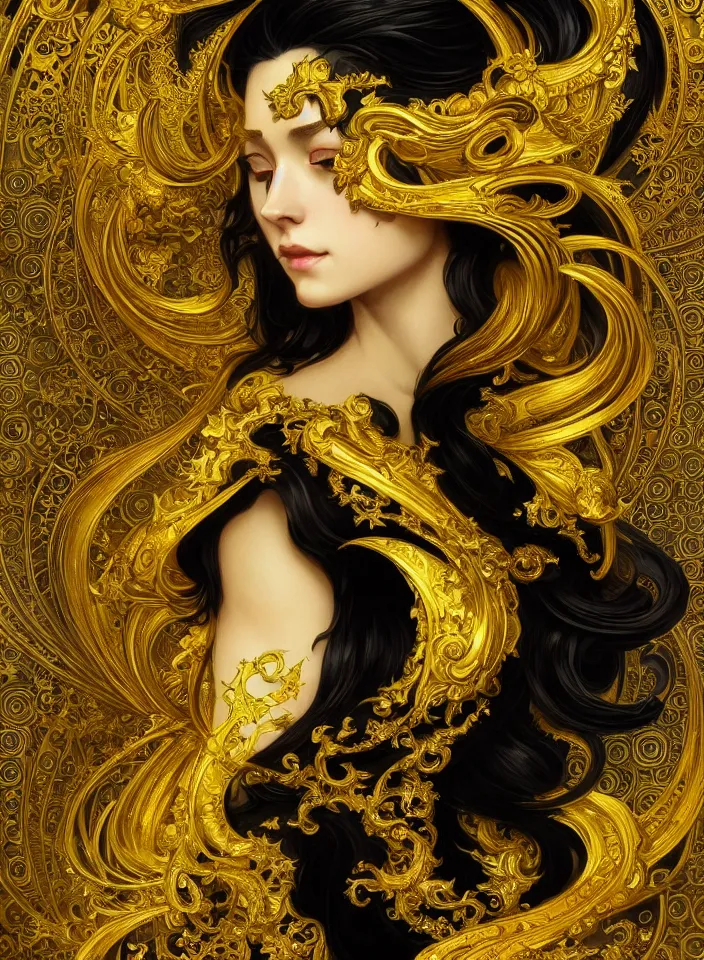 Image similar to beautiful black yellow, complicated gold the baroque style decoration, dark fantasy, intricate, elegant, highly detailed, digital painting, artstation, concept art, matte, 3 d 8 k octane rendered, sharp focus, illustration, octane rendered, art by artgerm and alphonse mucha, leesha hannigan, ross tran