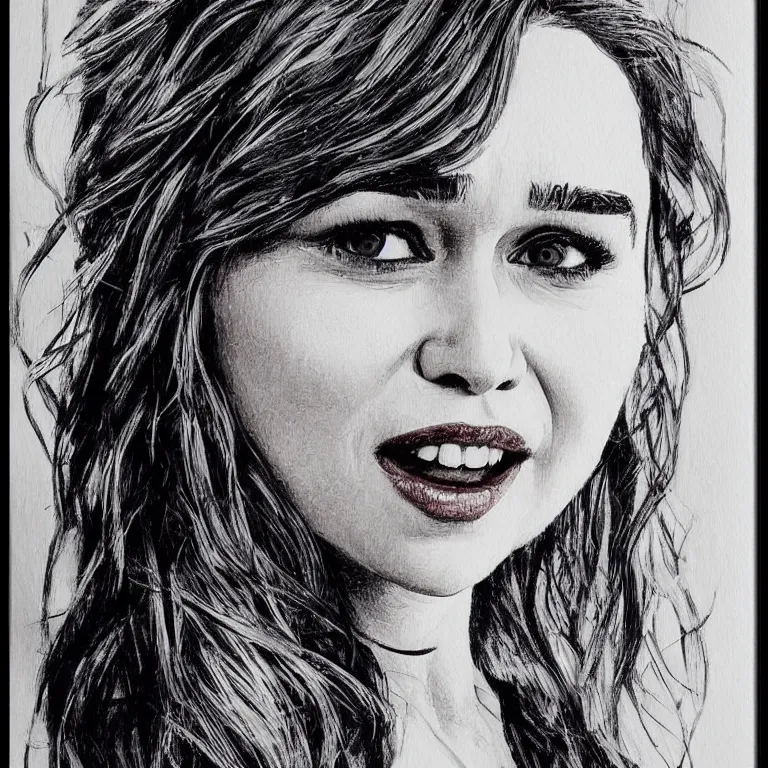 Prompt: an amaze - art painting of emilia clarke using single line, amaze art, smiling face