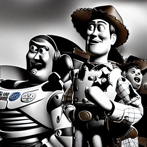 Image similar to Toy Story 2 horror film, black and white, hyperreality