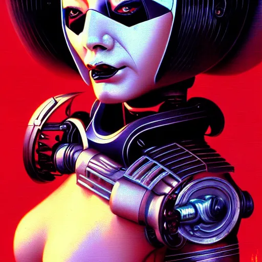 Prompt: geisha death robot, killbot, gun coming out of mouth, very realistic, artwork by jim burns, cyberpunk, sci - fi