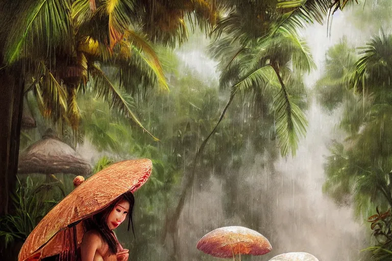 Image similar to ultra realistic illustration, closeup photo, monsoon on tropical island, attractive oriental woman, frontal, ornate, beautiful, atmosphere, vibe, mist, coconuts, rain, wet, pristine, puddles, melting, dripping, creek, bridge, forest, roses, flowers, by stanley artgerm lau, thomas kindkade