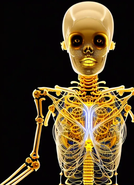 Prompt: full body rendering of a futuristic female golden mechanical skeleton with human face, wires, glowing internal light, hyperdetailed illustration by alex grey, intricate linework, faberge, intricate gold linework, dark atmosphere, unreal engine 5 highly rendered, global illumination, radiant light, detailed and intricate environment