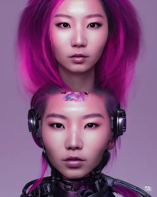 Image similar to portrait of a beautiful asian woman with pink hair as a cyberpunk cyborg, sci - fi, missing panels, intricate abstract upper body intricate artwork, concept art, octane render, deviantart, cinematic, key art, hyperrealism, iridescent accents, portrait photograph, nikon 3 5 mm, photograph by annie leibovitz and steve mccurry, greg rutkowski