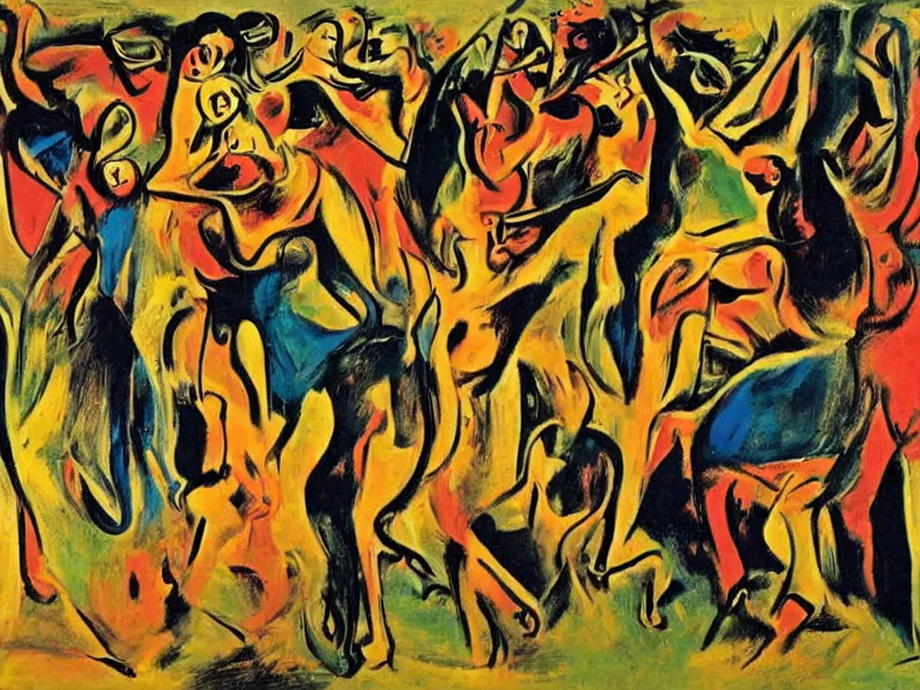 Image similar to surreal, tribal dance, art by willem de kooning, dali