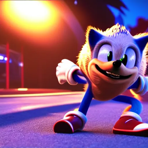 Image similar to sonic the hedgehog as a sloth running at warpspeed, weta hyperrealism cinematic lighting and compositon