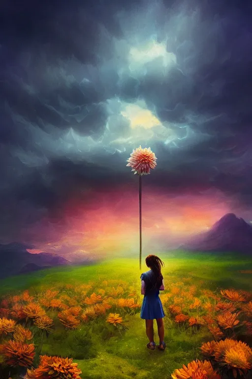 Image similar to closeup perspective, giant dahlia flower over the head, girl standing on mountain, surreal photography, blue storm clouds, dramatic light, impressionist painting, digital painting, artstation, simon stalenhag