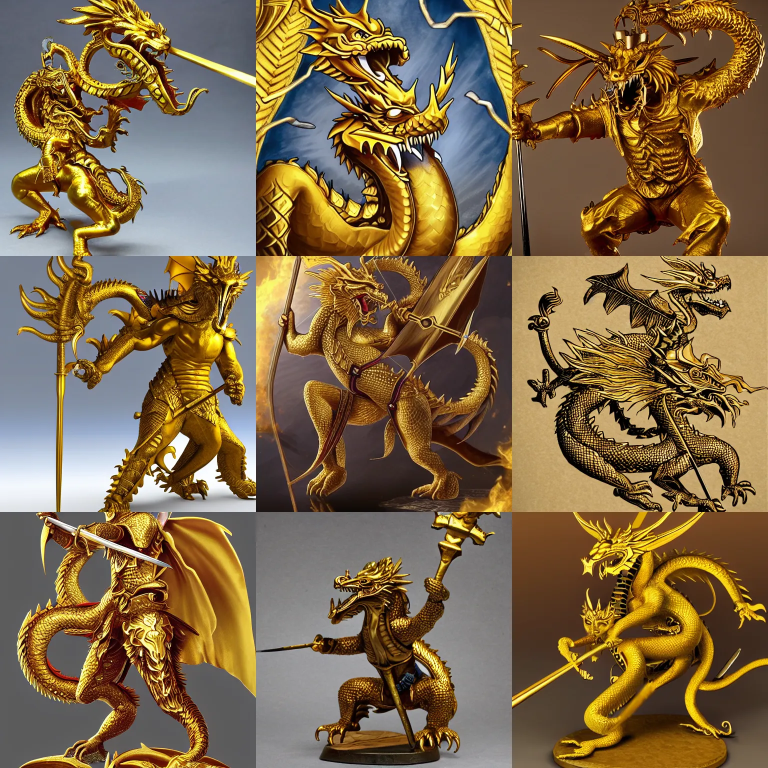 Prompt: anthropomorphic golden dragon character wielding a spear