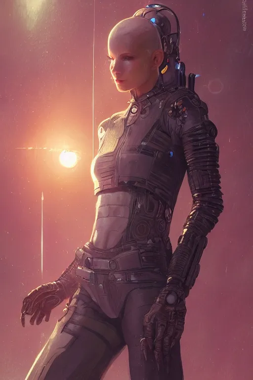 Image similar to female space android, sci-fi, blade runner, third person, D&D, sci-fi fantasy, intricate, highly detailed , art by artgerm and greg rutkowski and alphonse mucha and loish and WLOP, highly detailed, 3d, octane render, bright colors, digital painting, trending on artstation, sharp focus,