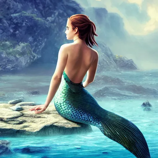 Prompt: emma watson mermaid sitting on a rock in the middle of the sea, trending on artstation, by 翼次方CG