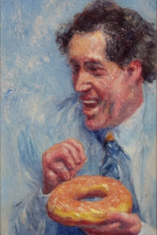 Image similar to An impressionist oil painting of a man eating a doughnut