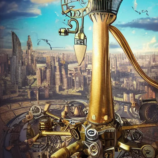 Prompt: Free city, floating in the wind on its huge shining engine. It is inhabited by a variety of creatures, erecting their own high building, a match for their self-expression. Steampunk style.