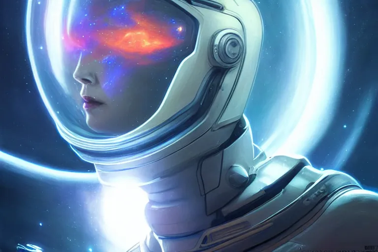 Image similar to Portrait of a Futuristic reflective spacesuit visor mirror spacesuit reflecting a nebula supernova in space, portrait, elegant, intricate, digital painting, artstation, concept art, smooth, sharp focus, illustration, art by artgerm and greg rutkowski and alphonse mucha