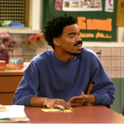 Image similar to a tv still of Chance The Rapper starring as a black college student at Jones College Prep in a 1993 sitcom