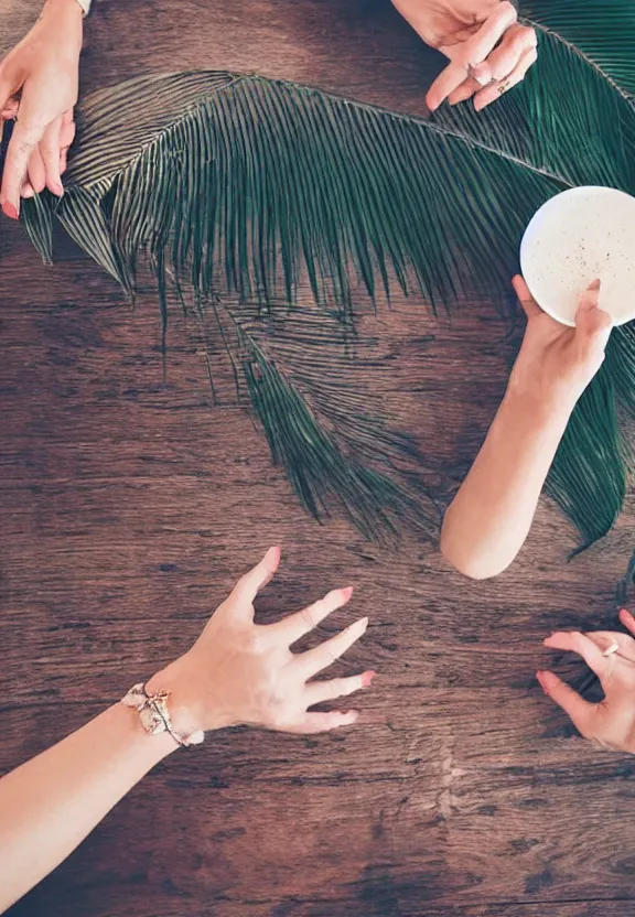 Image similar to an instagram photo of two ultra detailed woman's palms lying on the table, instagram photo, studio photo