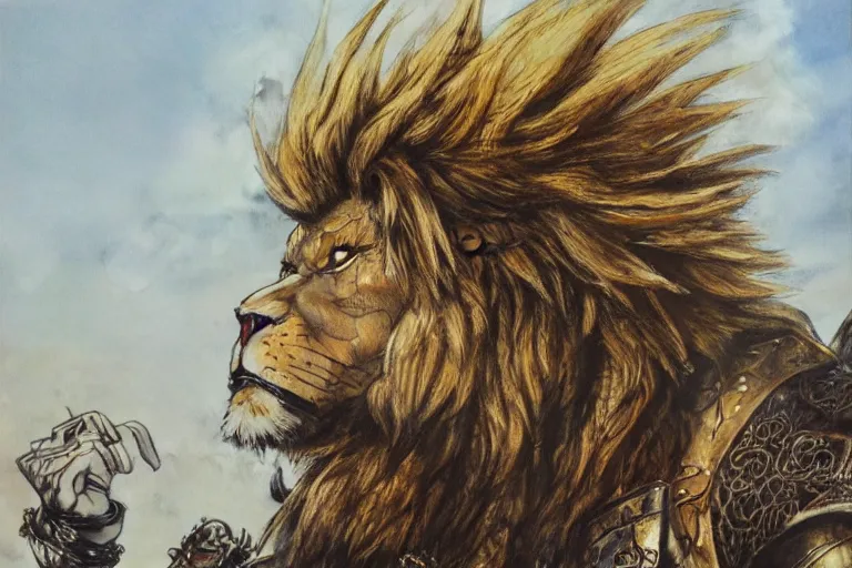 Prompt: 8k Yoshitaka Amano painting of upper body of a young cool looking lion beast-man at a medieval market at windy day. White mane, Depth of field. He is wearing complex fantasy armors. He has huge paws. Renaissance style lighting.