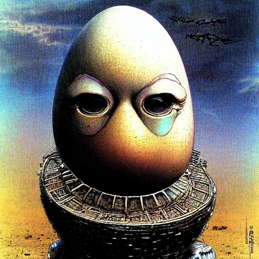 Prompt: egg humpty dumpty front view by by luis royo and wayne barlowe,