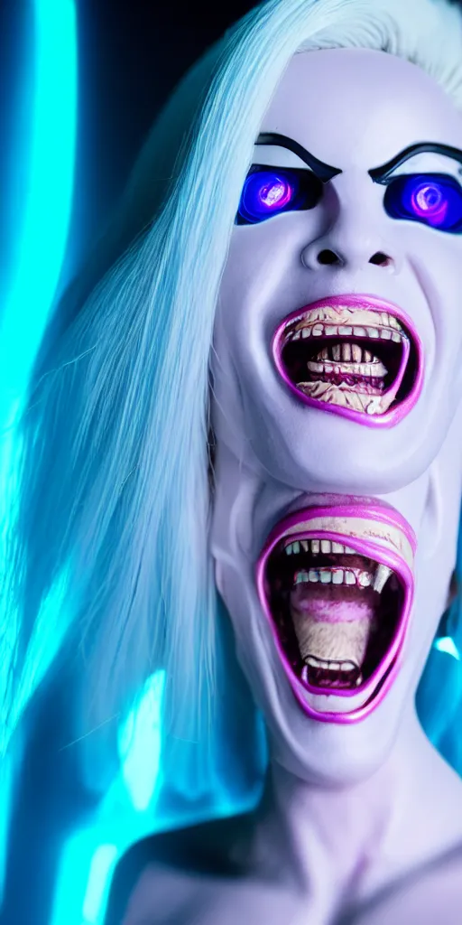 Image similar to high quality photo close-up of gothic cyborg woman laughing with white hair and pearlescent blue skin key sage wayne barlowe very soft pink neon lighting on one side wide angle 35mm shallow depth of field 8k