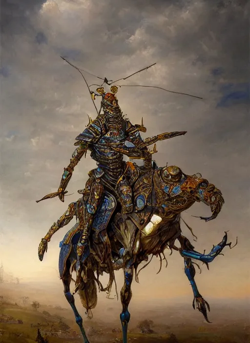 Prompt: formal portrait of a humanoid locust warrior with four thin arms, wearing plate armor with blue embroidered cloak, long antennae, fantasy, digital art by eugene de blaas, ross tran, and nasreddine dinet, vibrant color scheme, intricately detailed, in the style of romanticism, cinematic, artstation, greg rutkowski