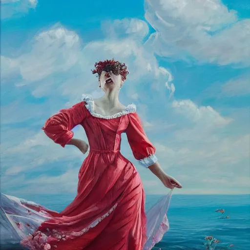 Image similar to a painting of a wonderful lady dressed with a large and decorate majestic roses cotton dress that is coming out from a ocean, dramatic light, octane--8k